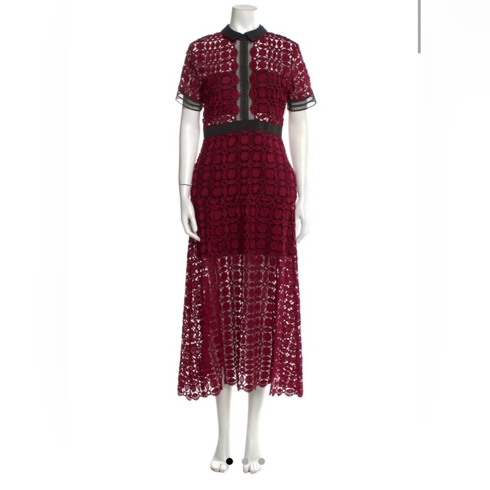 Self portrait burgundy and black lace midi dress